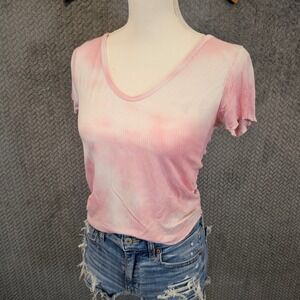 Moral Fiber Pink Tie Dye Ribbed V-Neck Lettuce Edge Short Sleeve Top Size M